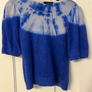 Charter Club Blue and White Cashmere Tie-Dye Short Sleeve Puff Sleeve Sweater